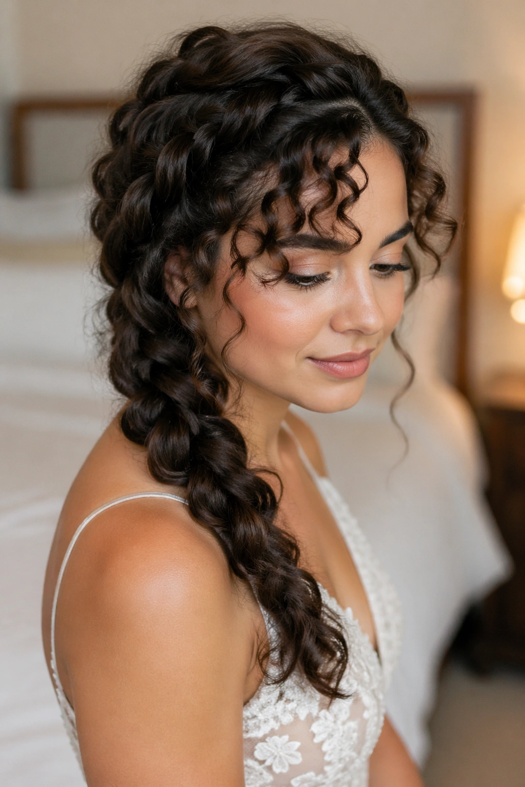 Side-swept French braid with curly curtain bangs on a real person