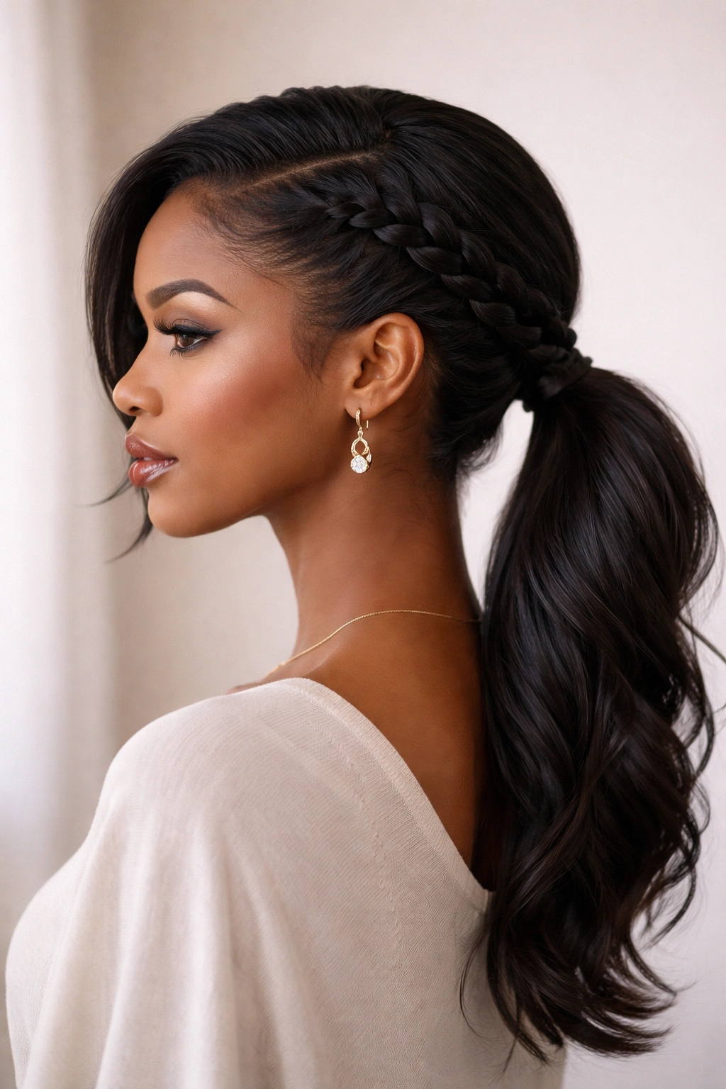 Side-swept French braid into a low pony viewed from the side