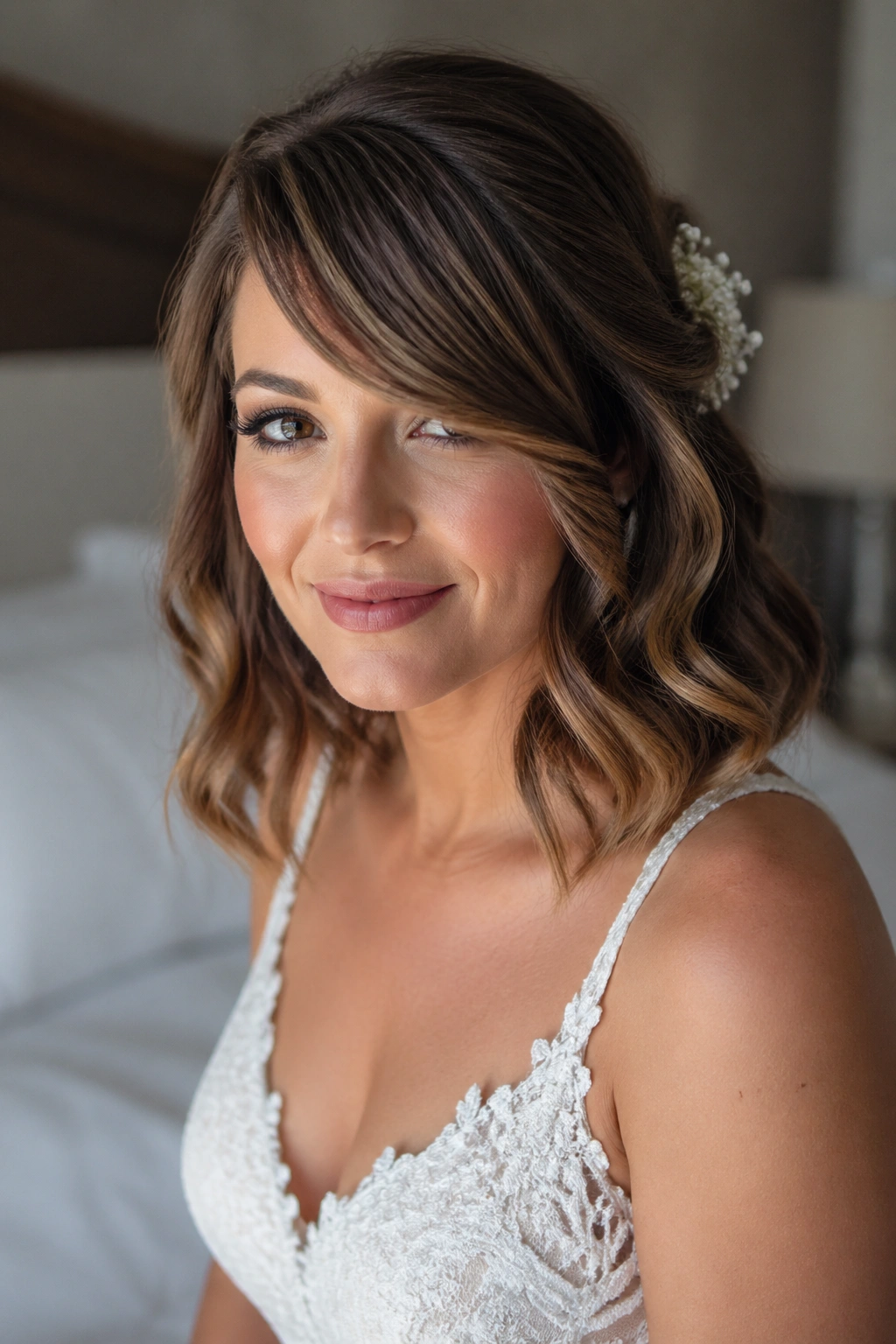 Close-up of a real bride with side-swept glam fringe blending into waves