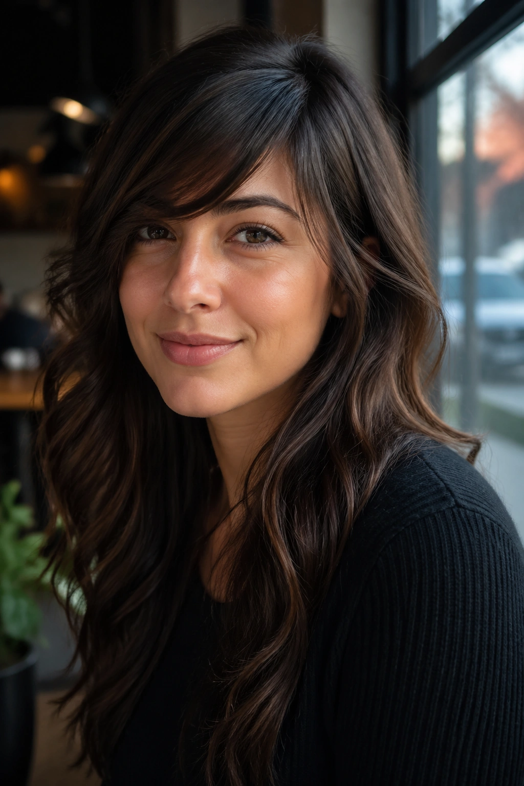 Portrait of a woman with long waves and a side-swept fringe