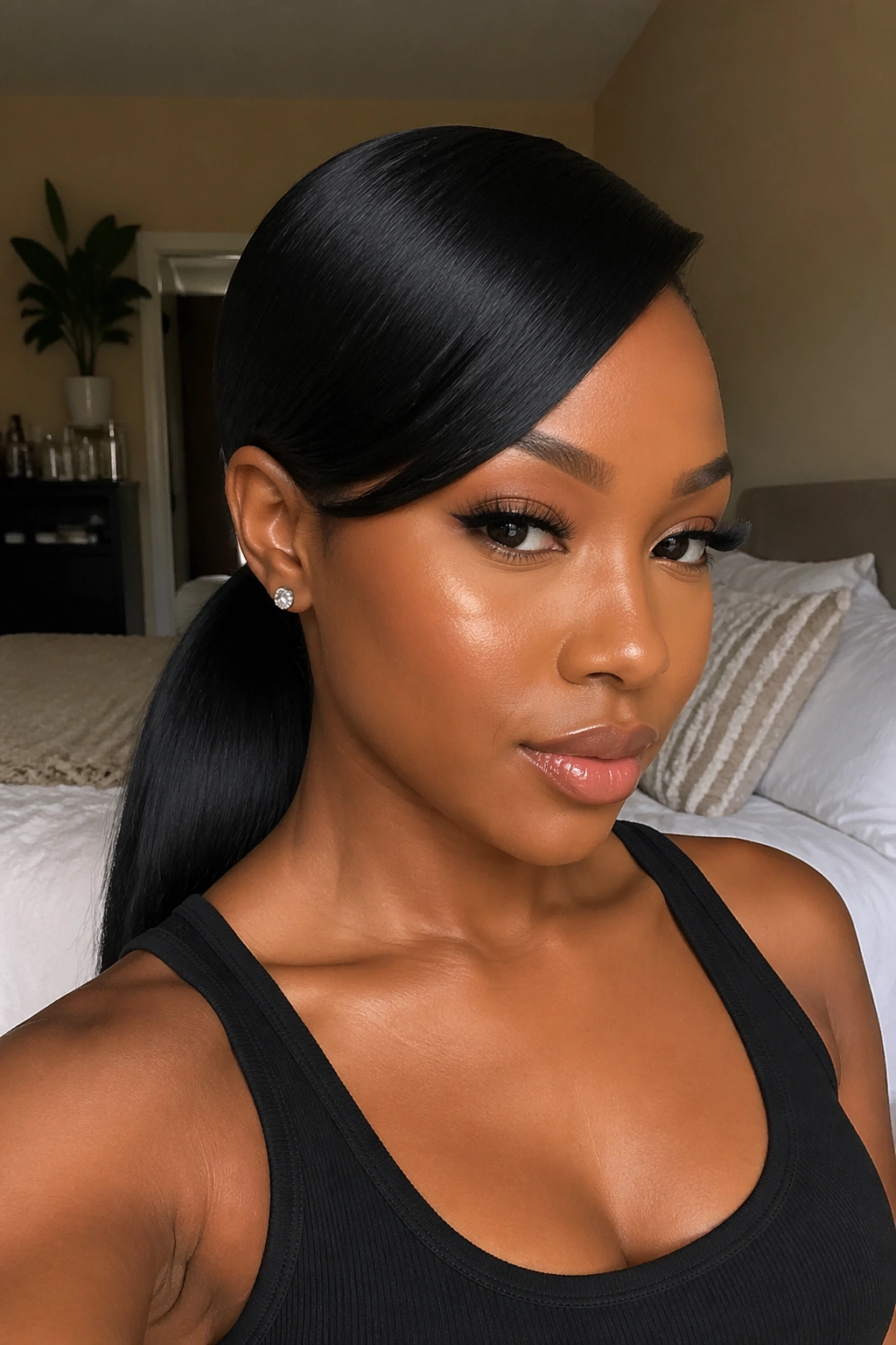 Close-up of a real woman's side-swept fringe merging into a sleek low ponytail in a softly lit room.