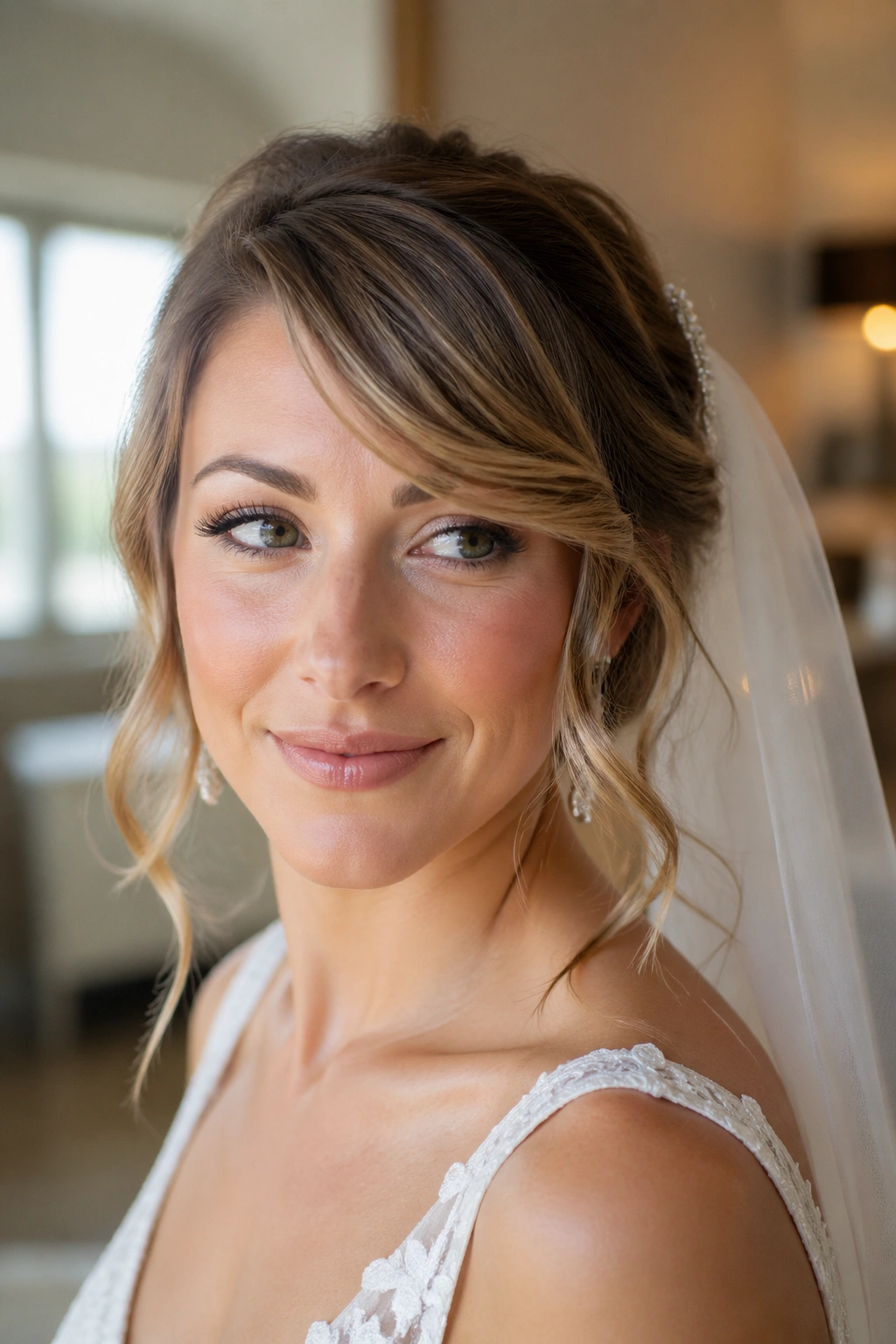 Bride with side-swept wavy fringe in veil-friendly look.