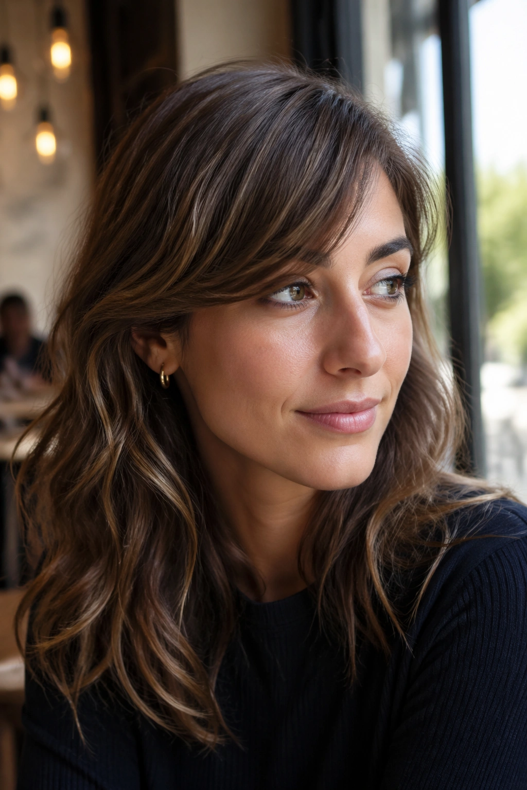 Close-up of a real person with side-swept fringe tucking into the wave in a sunlit setting.