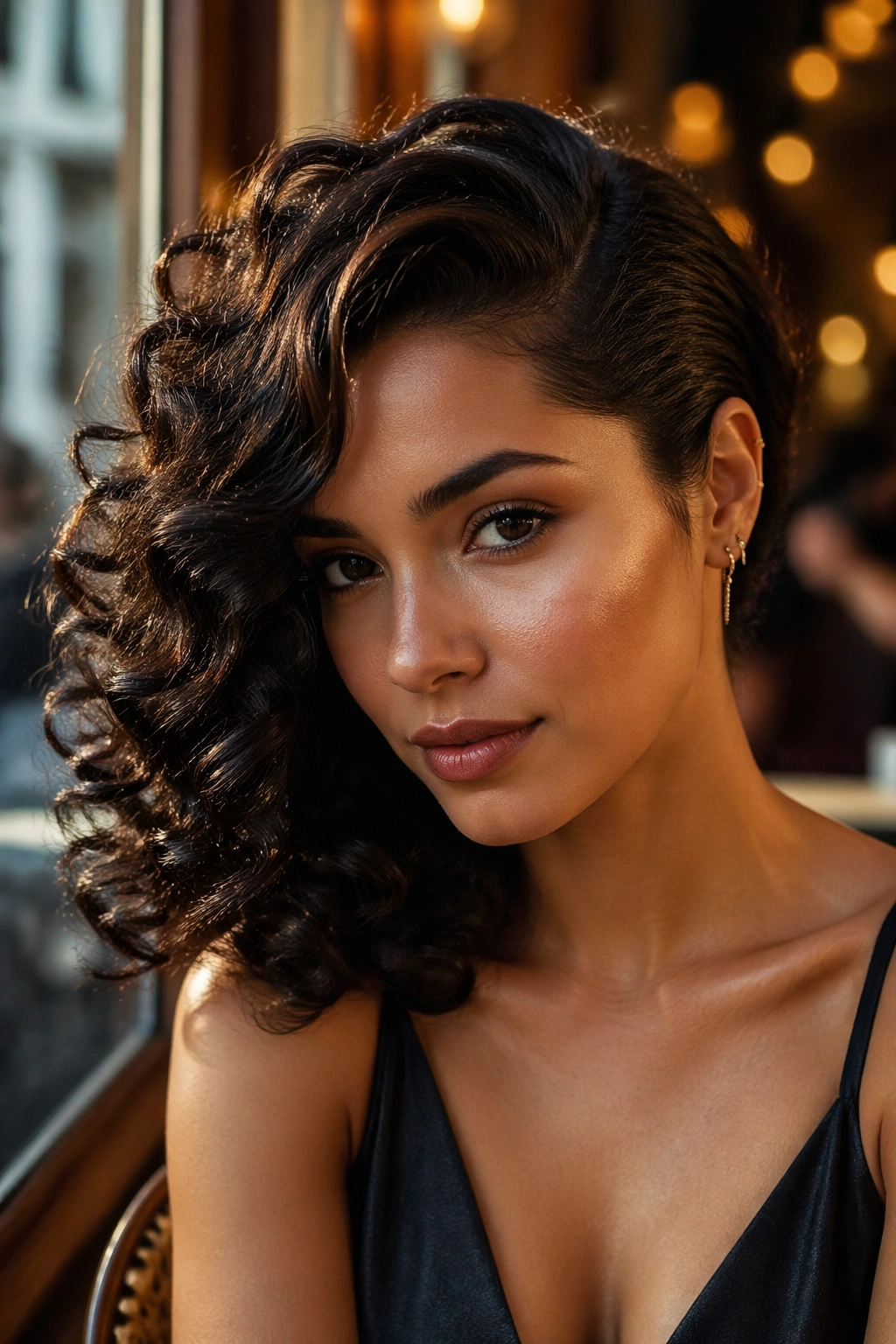Close-up of a real person with side-swept glam curls and deep side part
