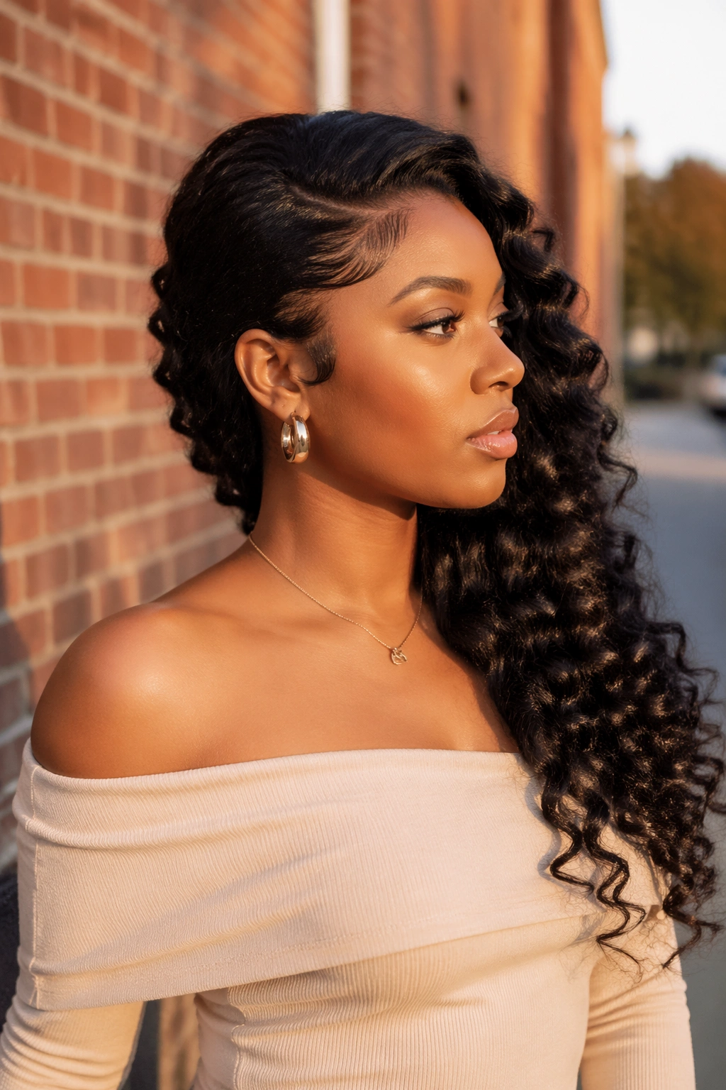 Side-profile side-swept glam curls over one shoulder