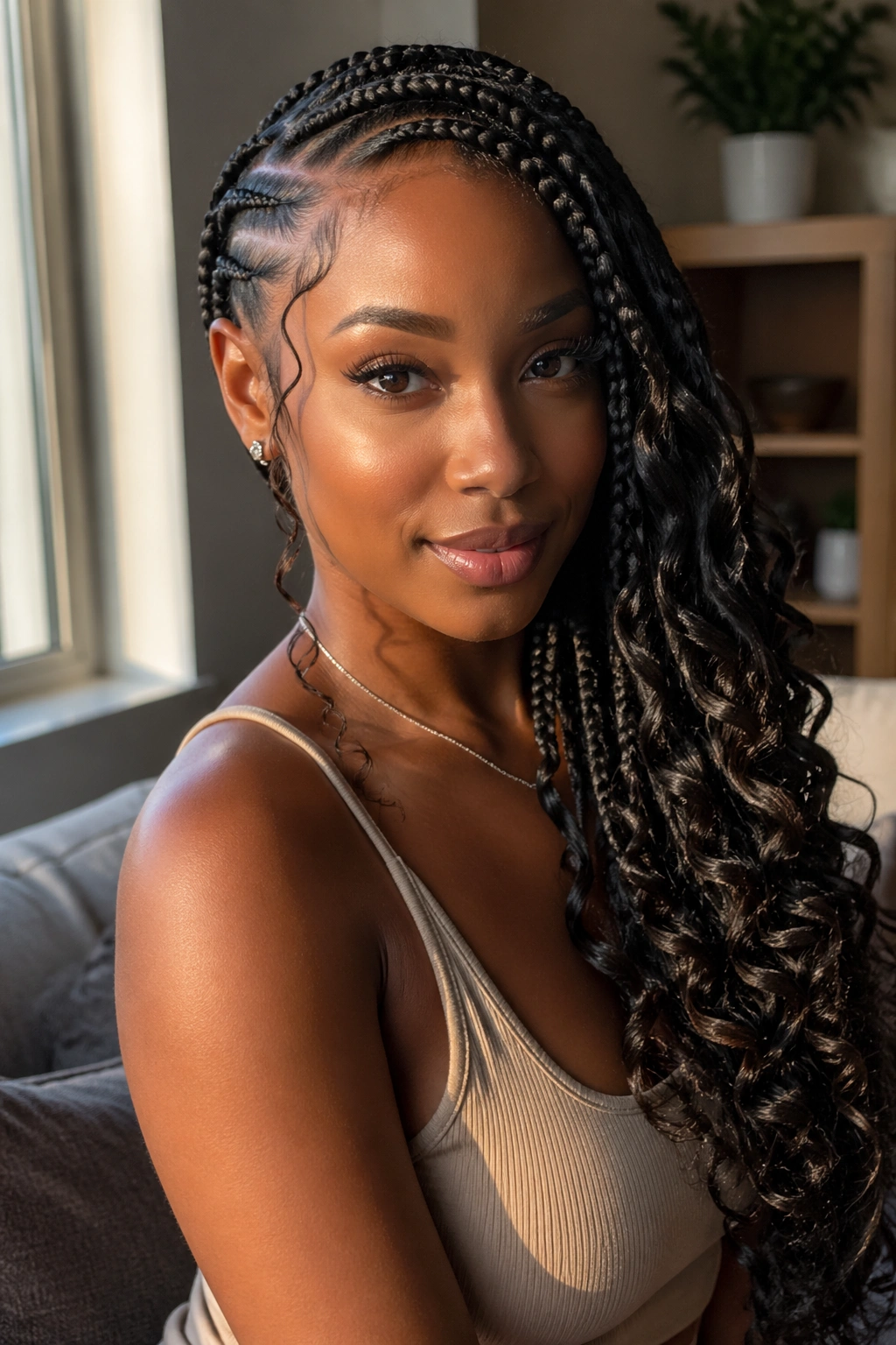 Close-up of a woman with side-swept goddess braids cascading over her shoulder in warm window light