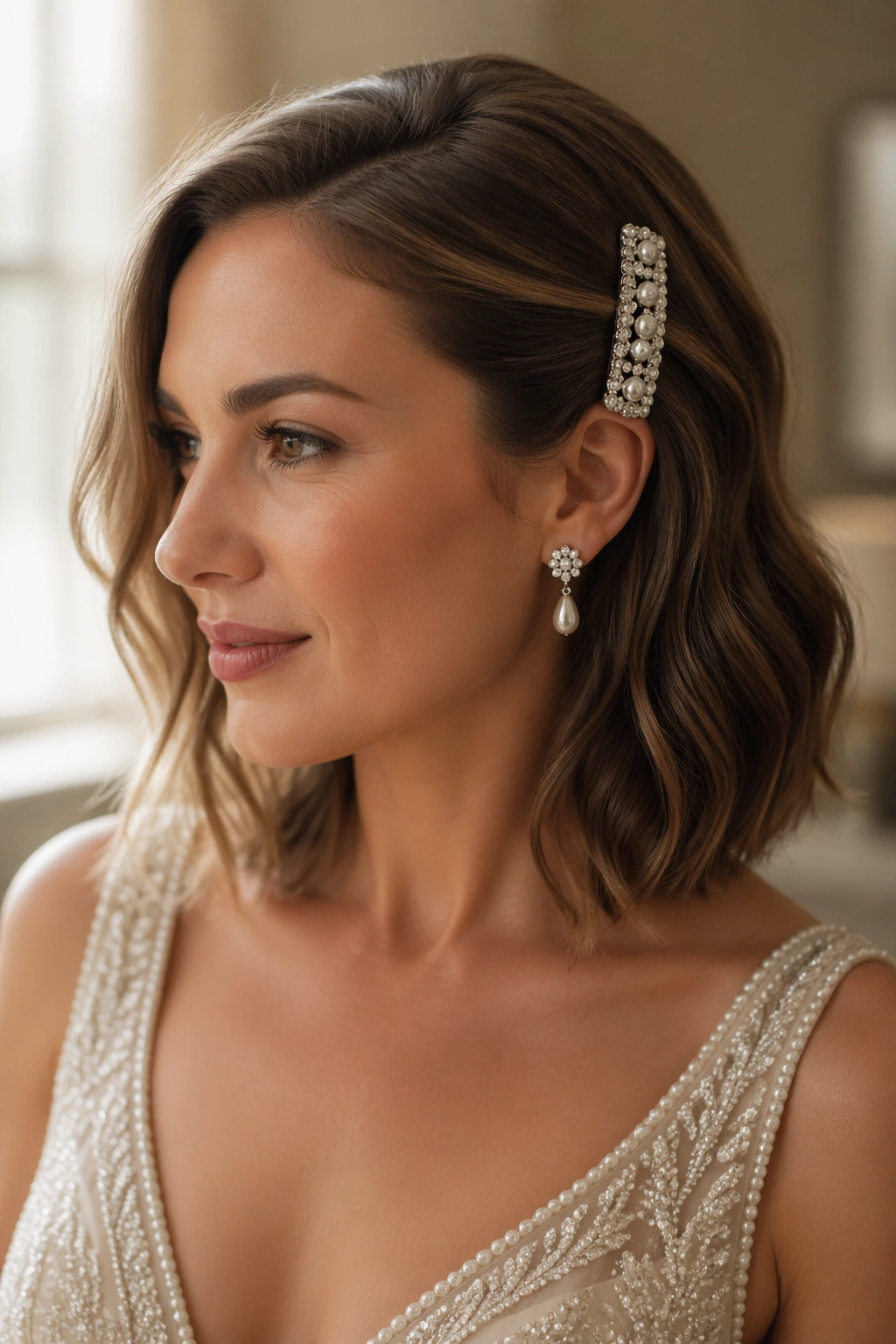 Close-up of a bride's side-swept hairstyle secured with a bold clip