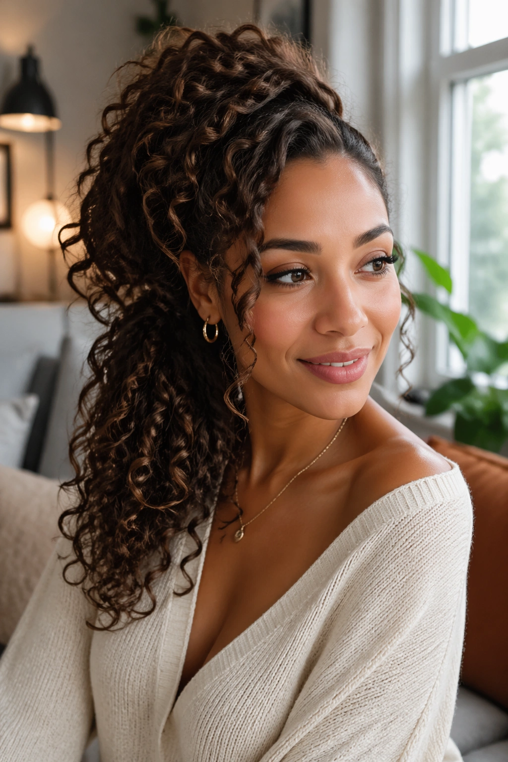 Close-up of a real woman with a side swept half ponytail in a warm room