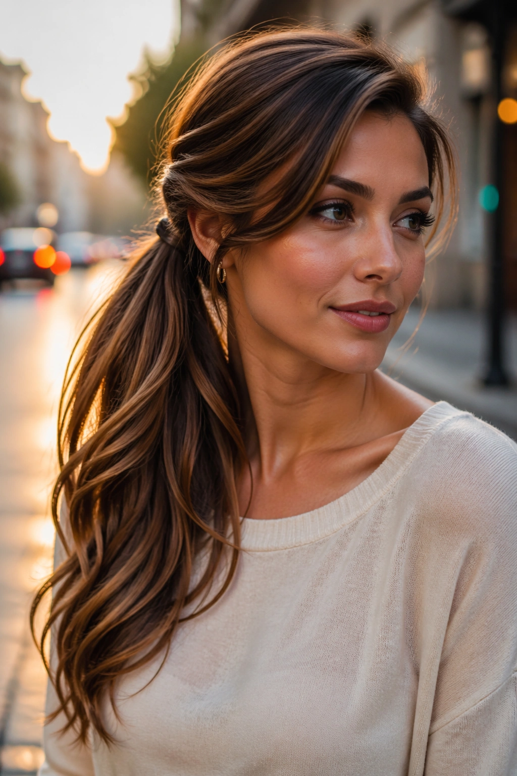 Side-profile of a real woman wearing a side-swept half ponytail