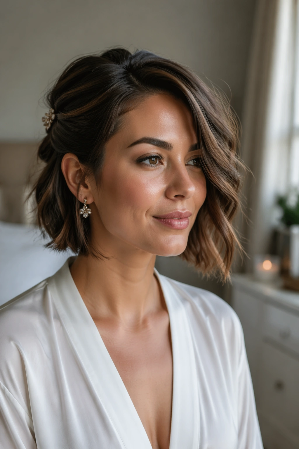 Close-up of a real woman with a side-swept half-up hairstyle on an asymmetrical bob in natural light