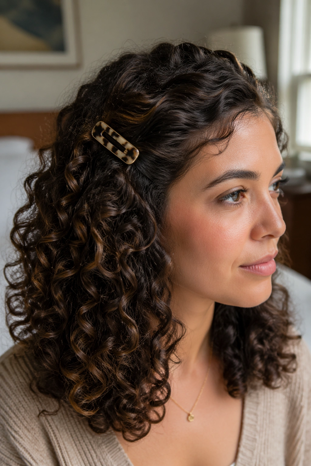 Close-up portrait of a woman with side-swept half-up curly hairstyle secured by a single statement barrette