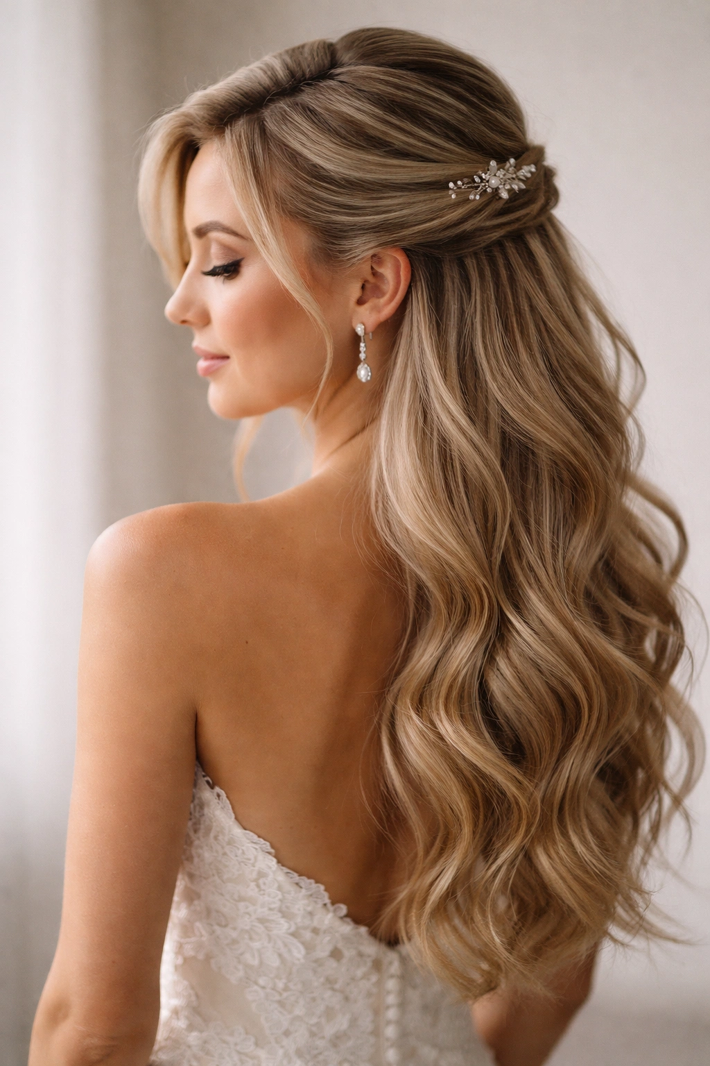 Side-swept half-up hairstyle pinned to the side