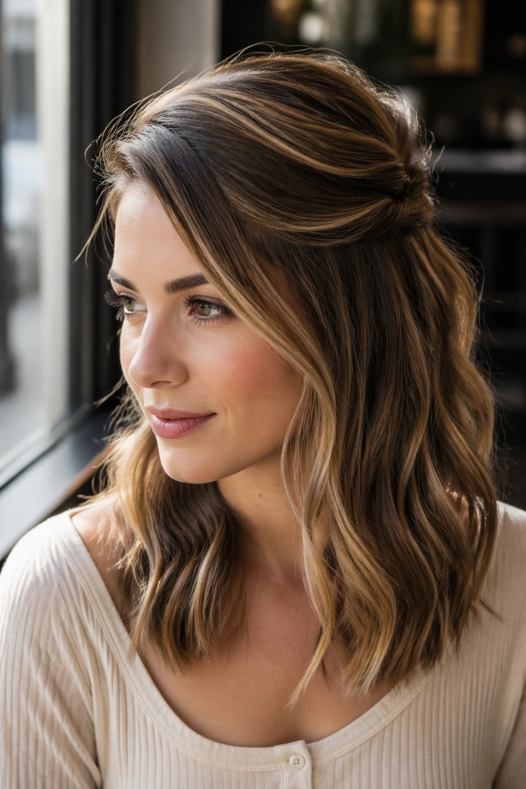 Close-up of a real woman with side-swept half-up hairstyle at cafe window