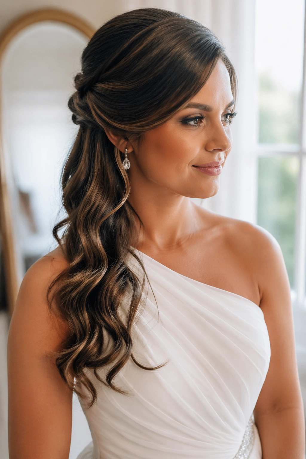 Close-up of a real bride with side-swept half-up hairstyle for a one-shoulder dress
