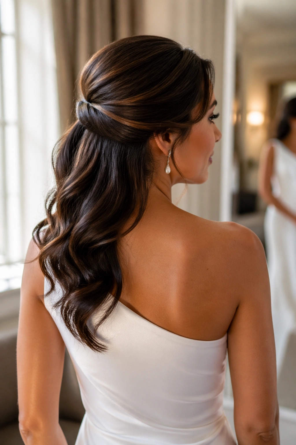Real woman with side-swept half-up hairstyle highlighting one-shoulder neckline