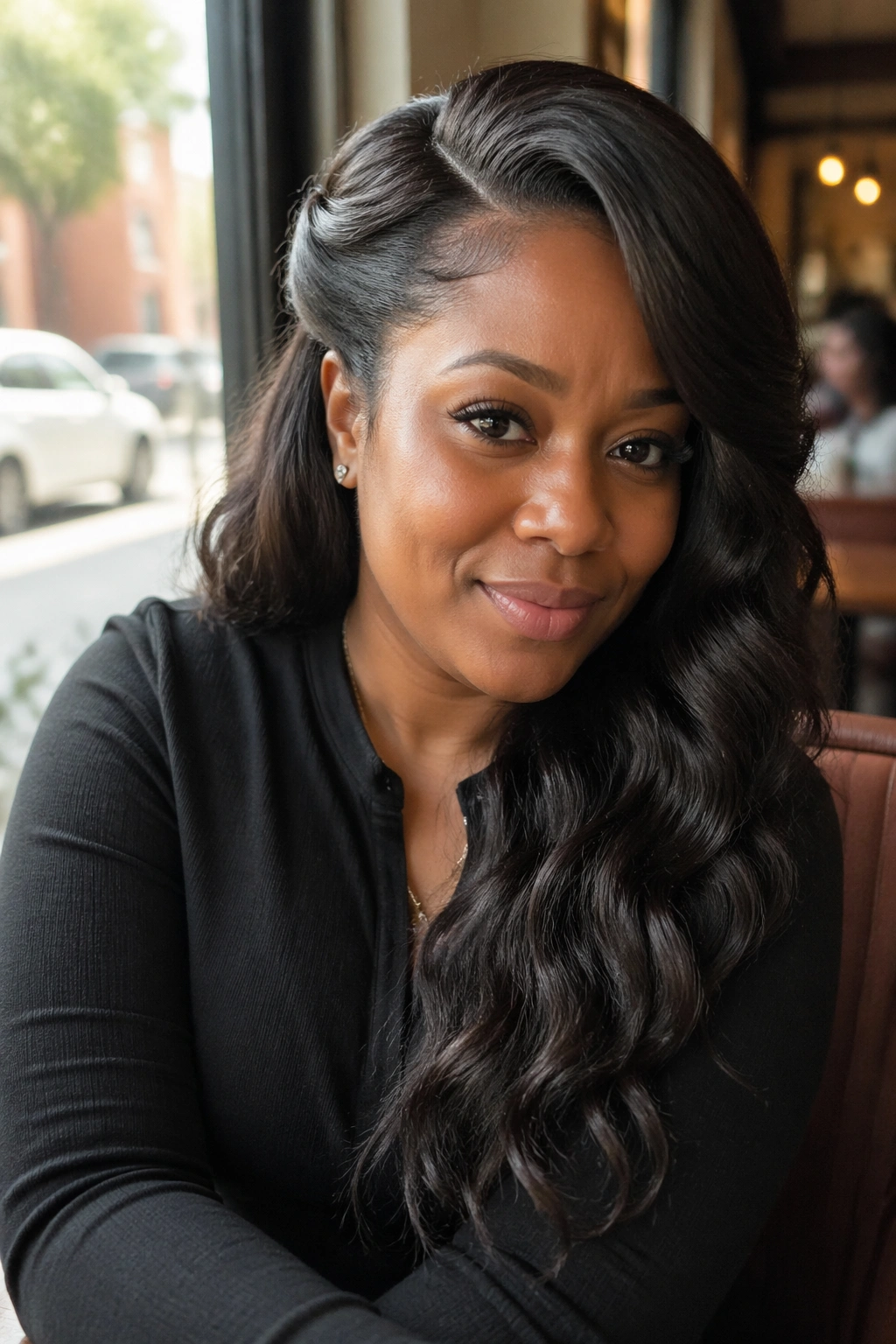Real woman with side-swept half up half down weave on wavy hair.