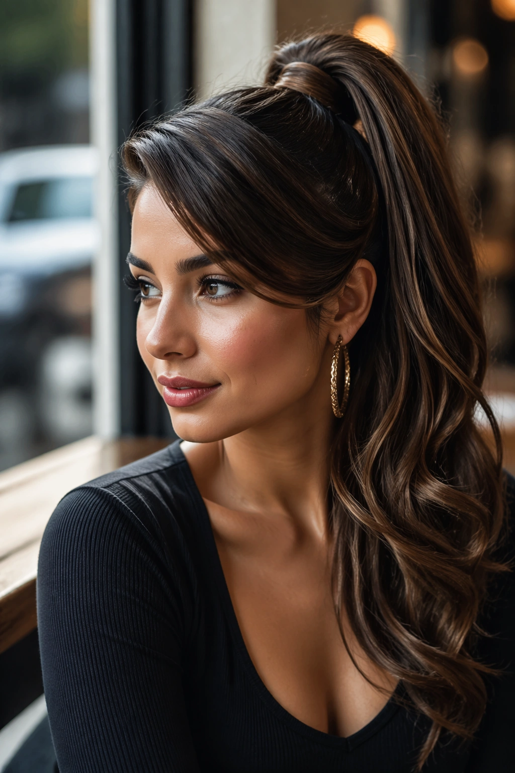 Real woman with side-swept high ponytail in cafe setting