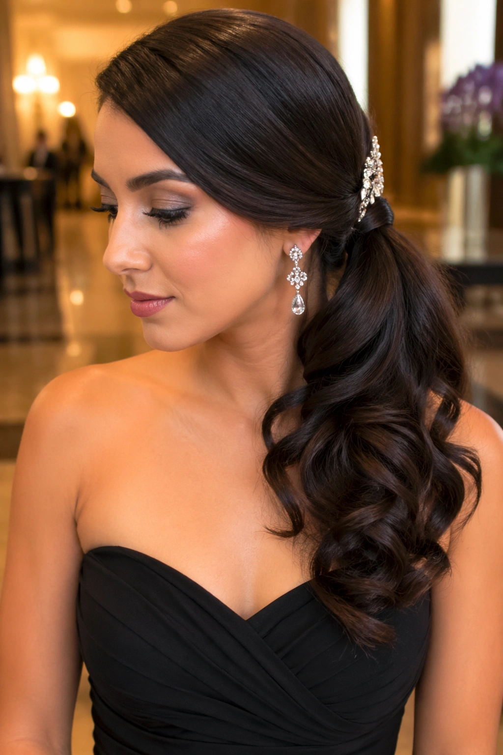 Close-up of a real woman with Side-Swept Hollywood Ponytail