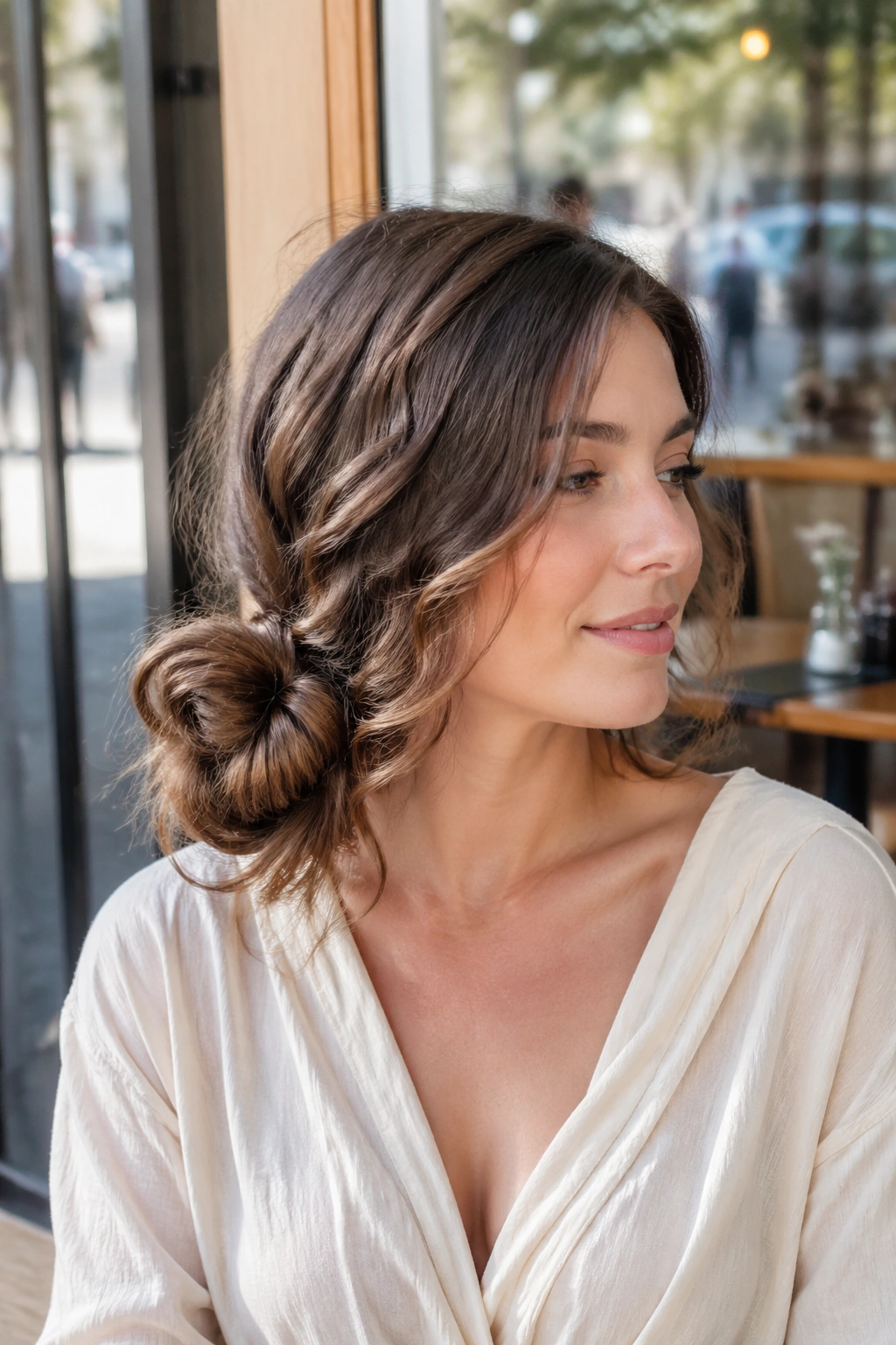 Portrait of a real woman with a side-swept knot and shoulder-length waves.