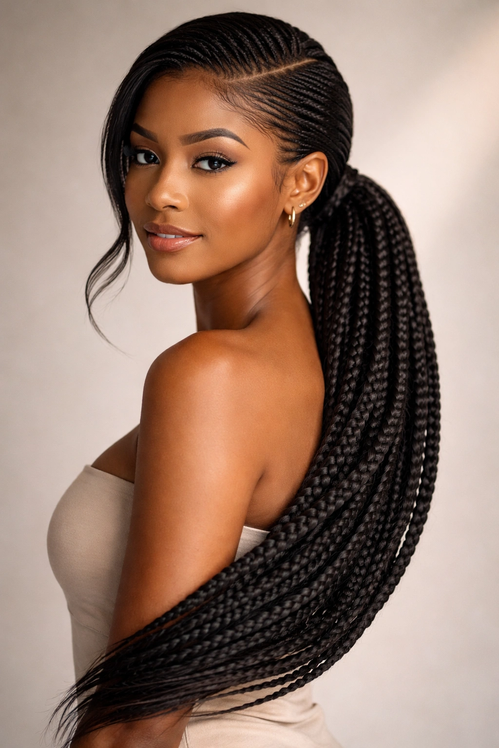 Three-quarter view of a side-swept low knotless braid ponytail across the shoulder