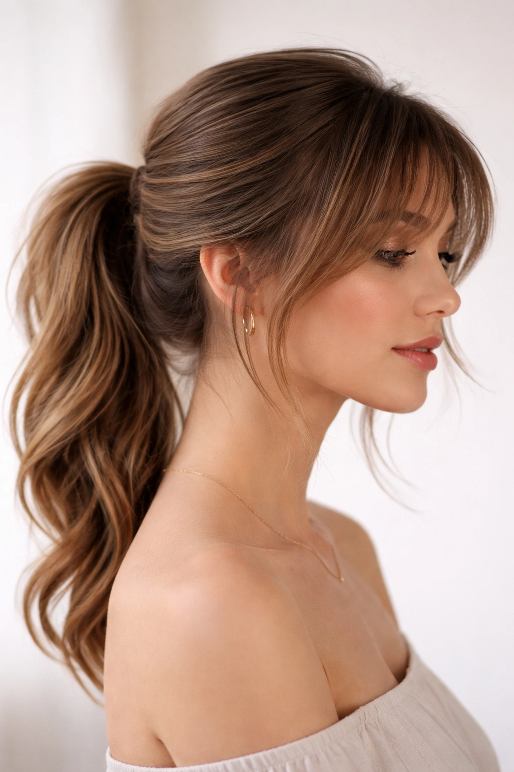 Side-swept loop ponytail with layered bangs in studio setting