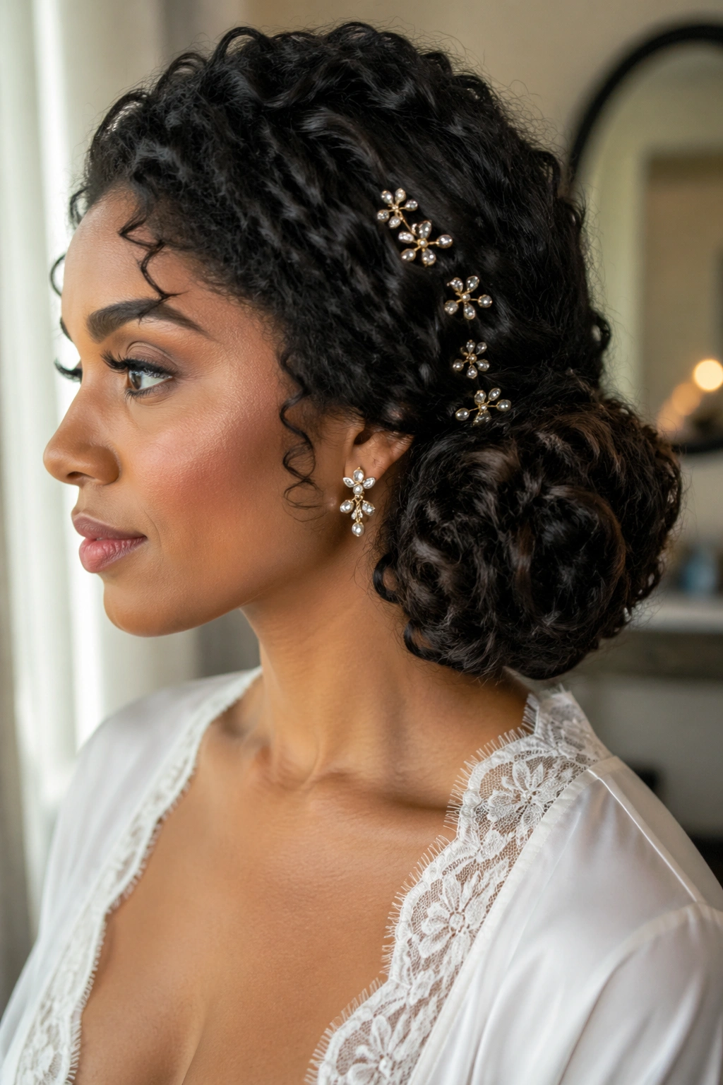 Close-up of a real woman with a side-swept low bun hairstyle, left profile, wedding-ready.