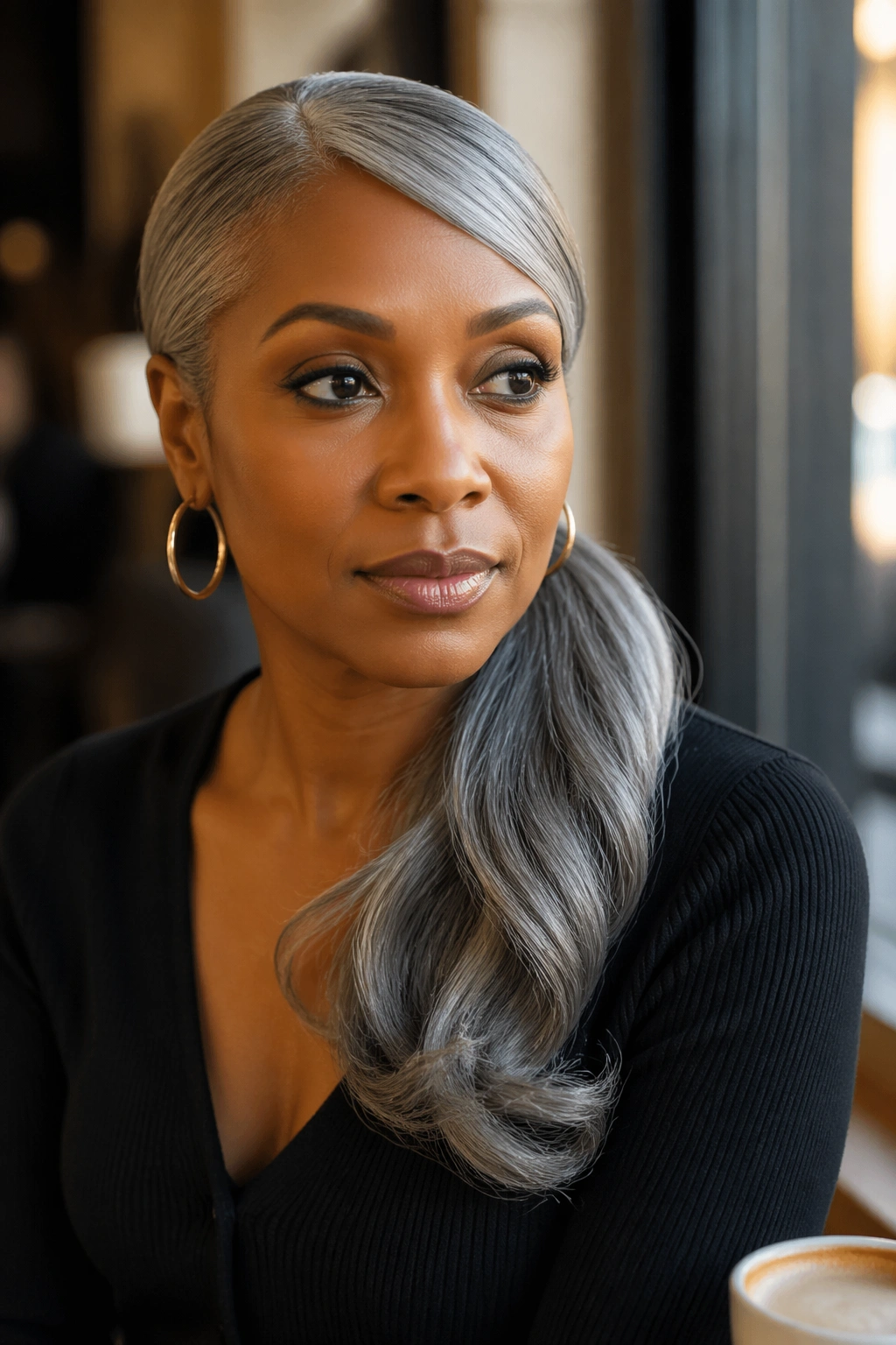 Close-up of a real woman with a side-swept low ponytail.