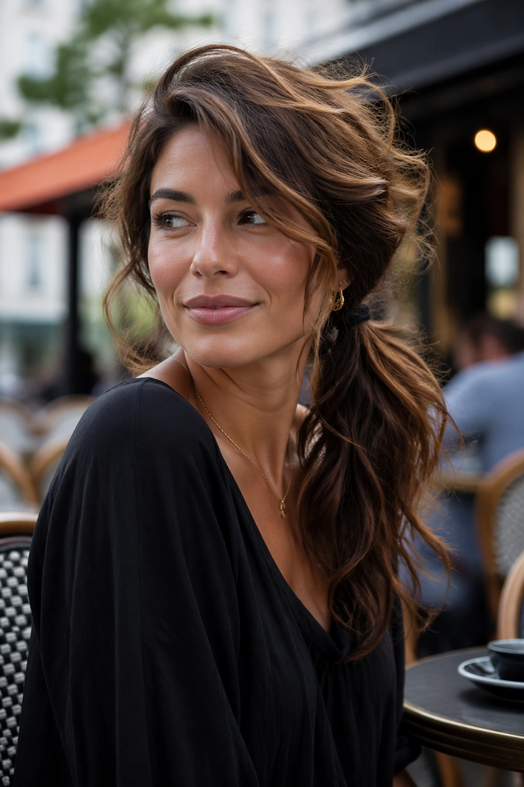Real woman with side-swept messy ponytail and relaxed waves.