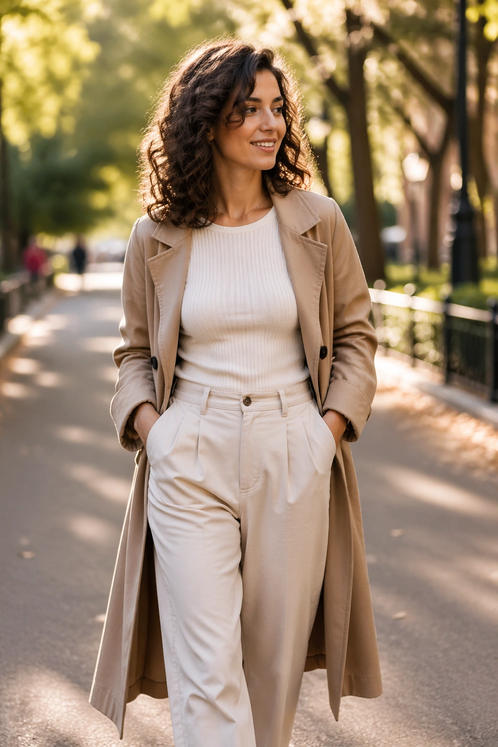 Side-swept mid-length curls in golden hour park