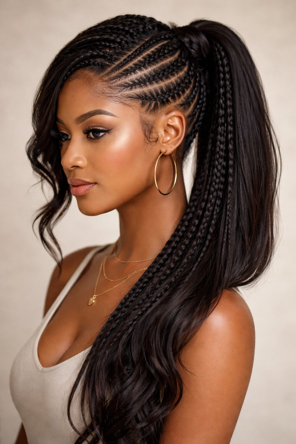 Side-swept braided mohawk ponytail with deep cornrow angles