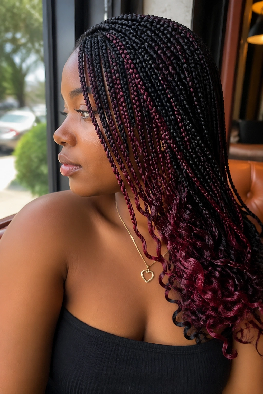 Close-up of knotless box braids side-swept to reveal peekaboo color on the heavier side.