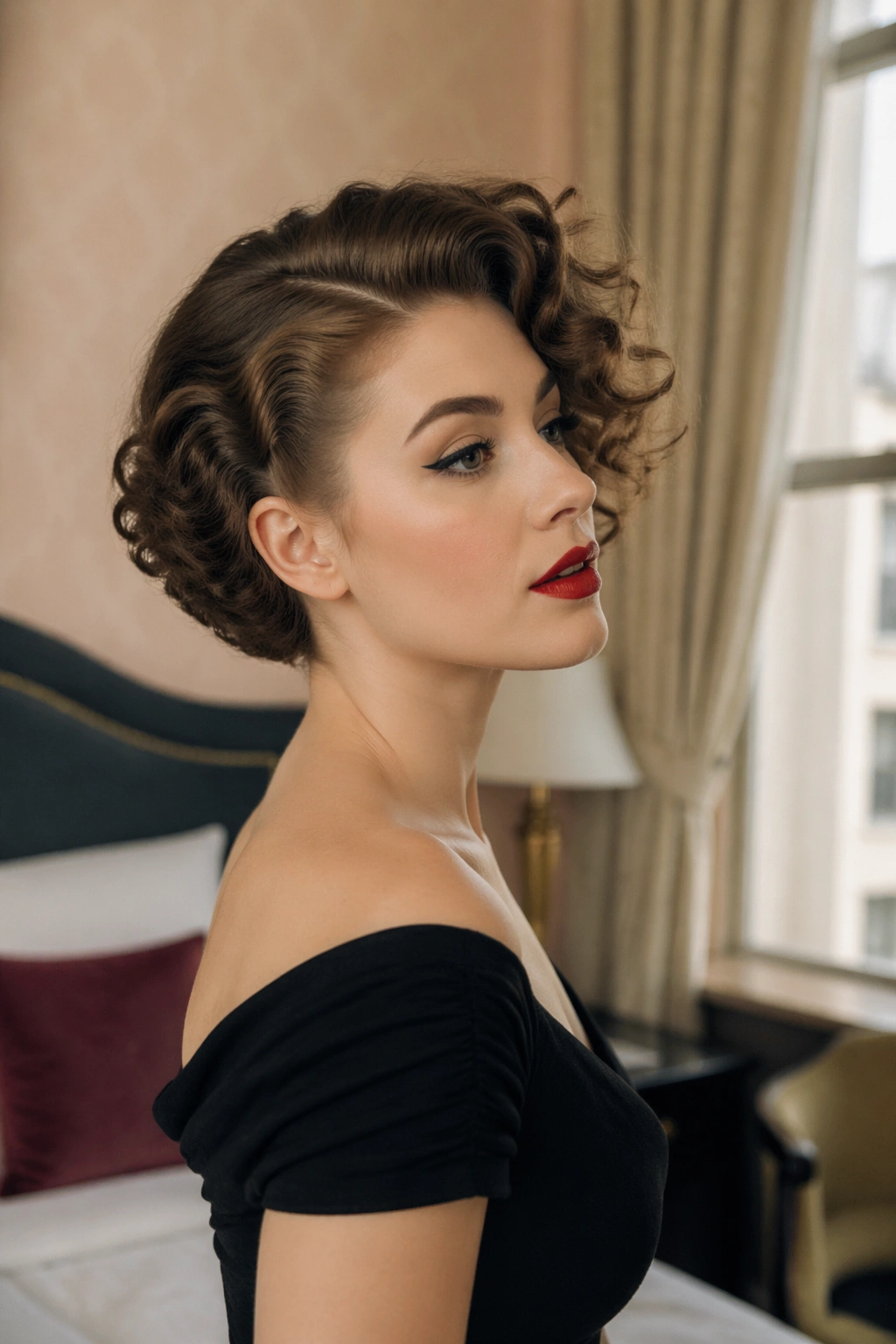 Side-profile view of side-swept pin-up curls on short curls