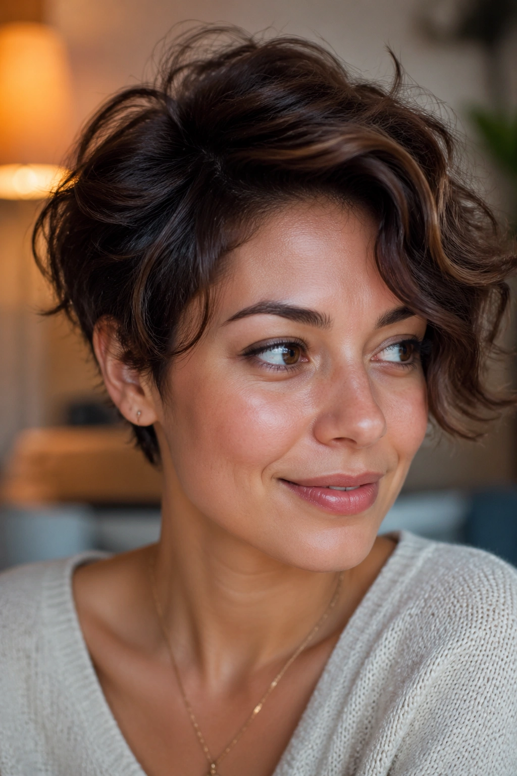 Real woman with side-swept wavy pixie grow-out fringe