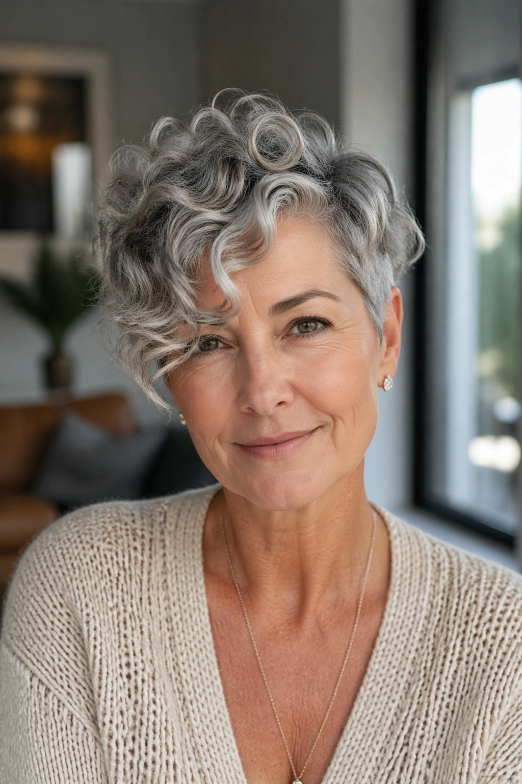 Real woman with side-swept curly pixie and long front curl