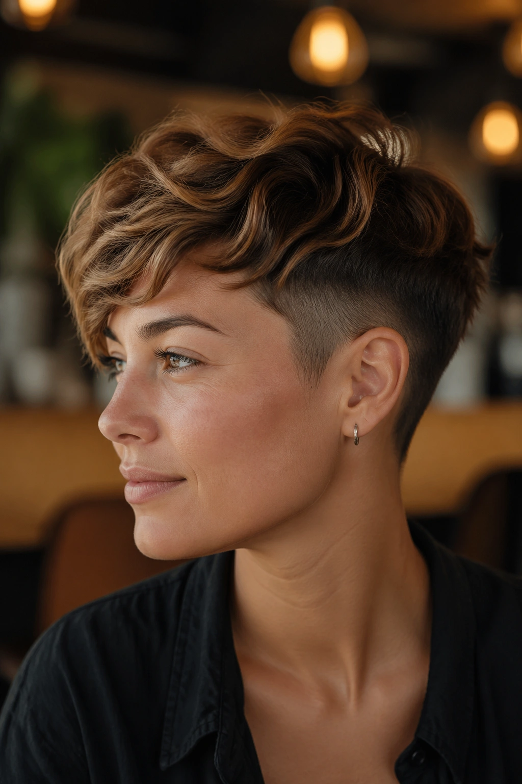 Real woman with side-swept pixie and subtle undercut