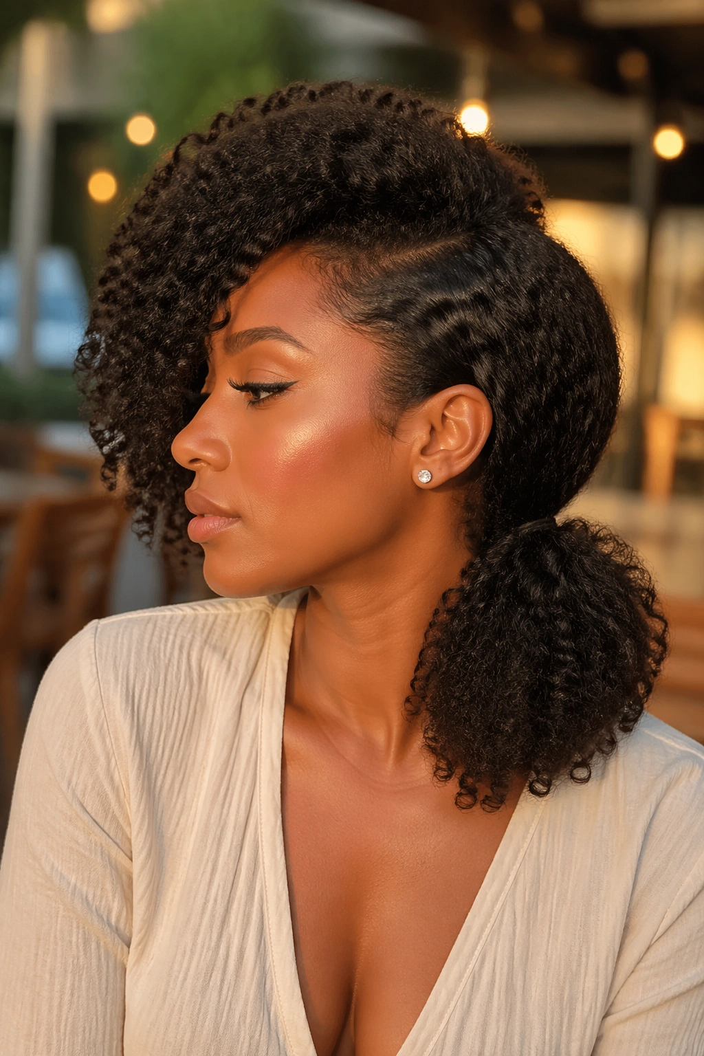 Close-up of a real woman with a side-swept low pony on one shoulder