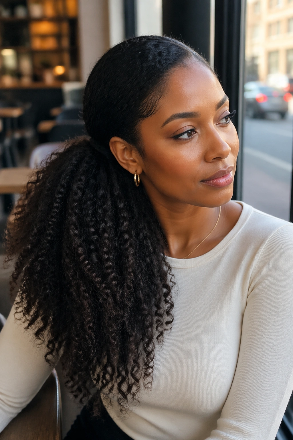 Real woman with a deep side-part and side-swept ponytail in a cafe setting