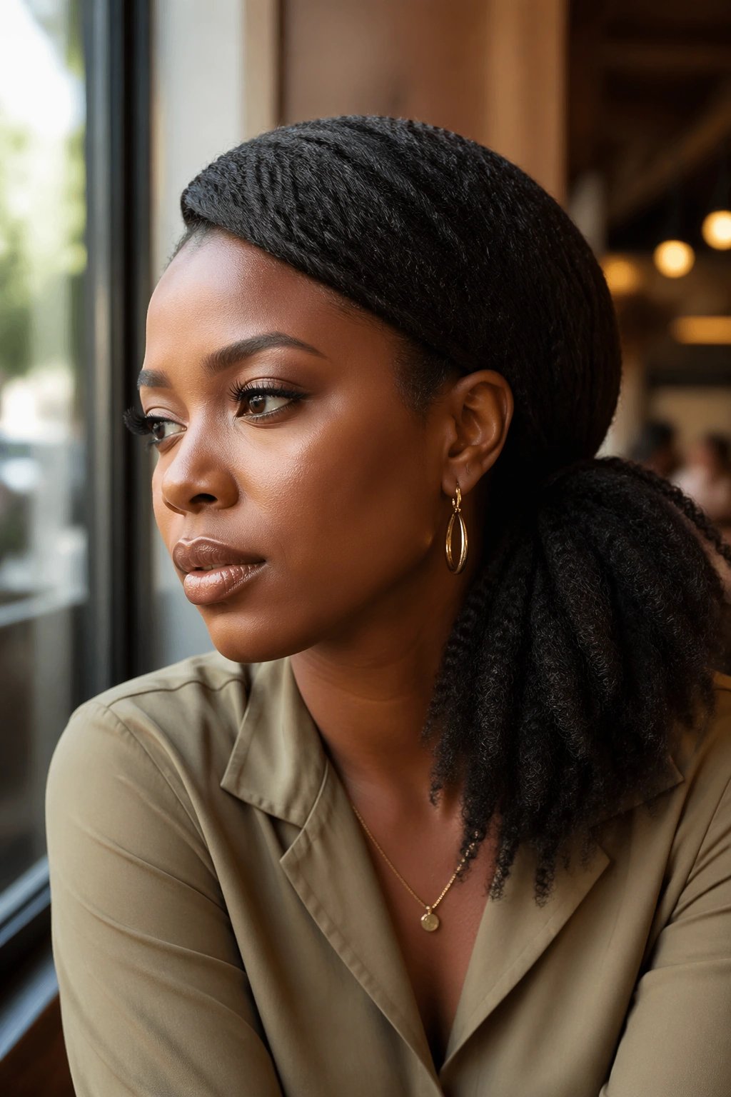 Close-up side profile of a real woman with a side-swept low ponytail