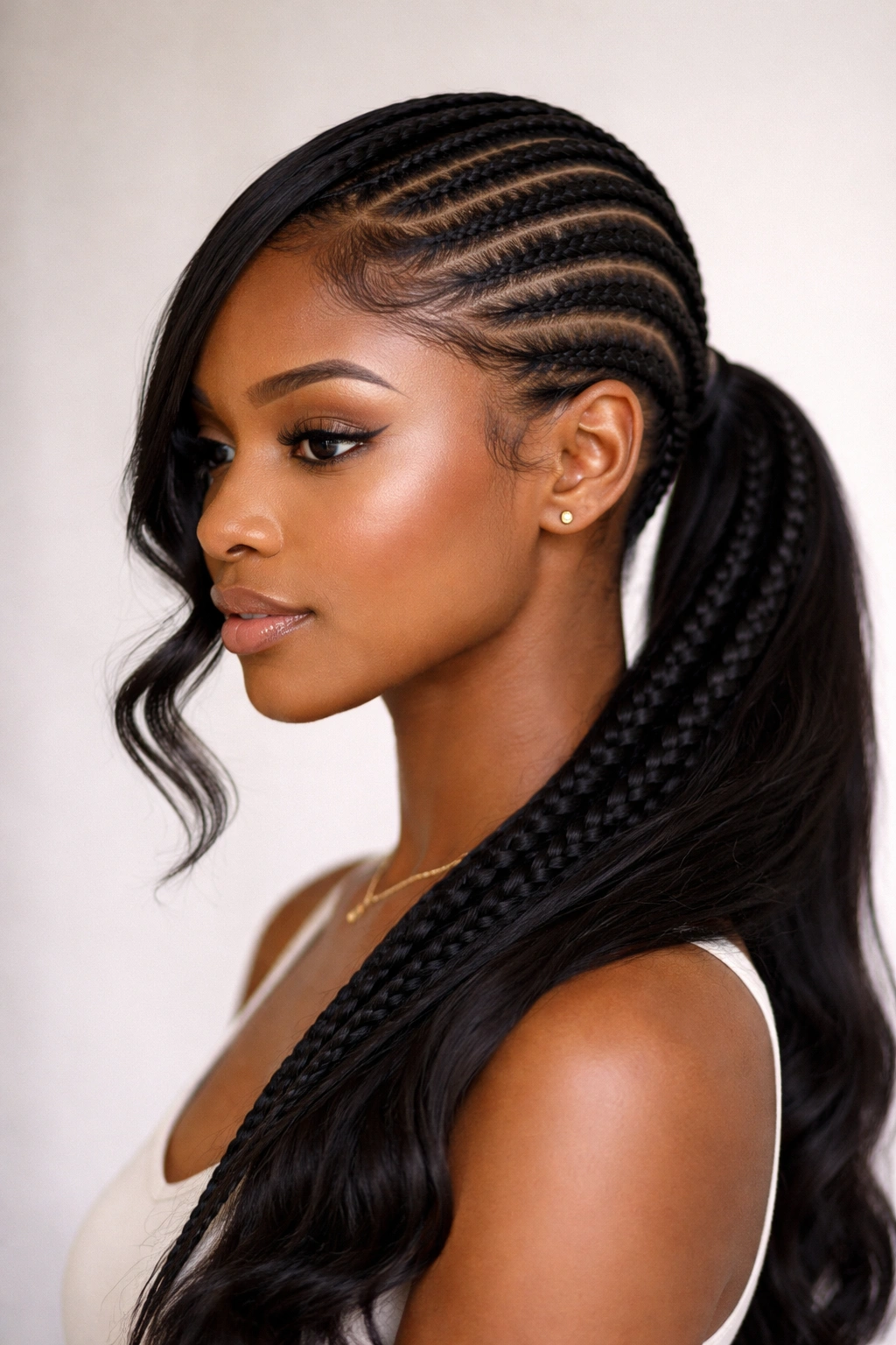 Side-swept feed-in low cornrow ponytail with side movement
