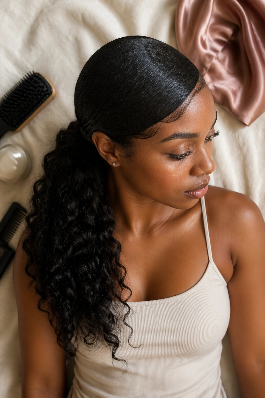 Side-swept low ponytail viewed from above.