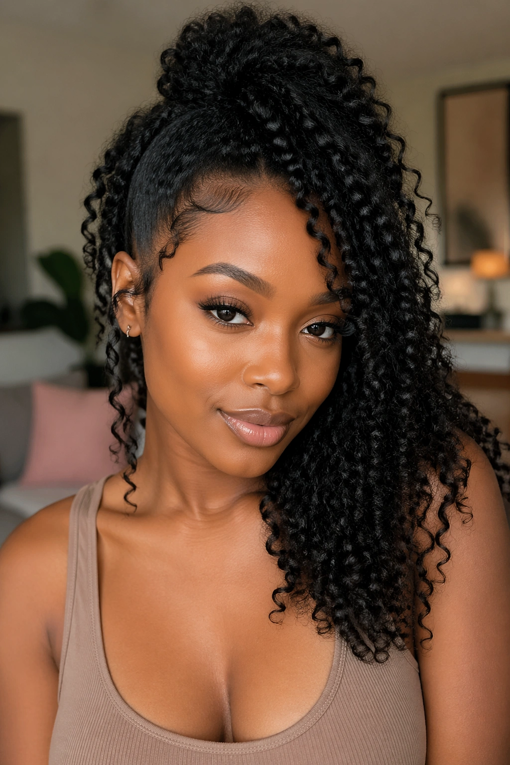 Close-up of a real Black woman with a side-swept half up half down ponytail
