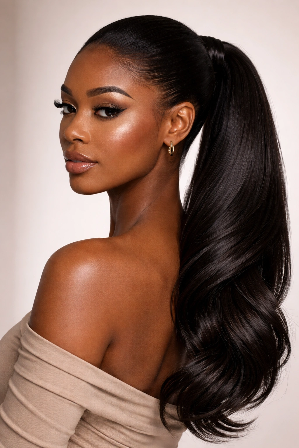 Profile view of a side-swept Afro ponytail over the shoulder