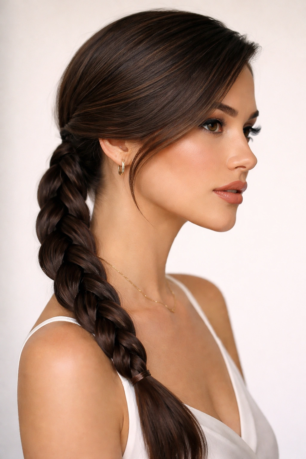 Side-swept low braided ponytail with off-center part and hidden anchor pins
