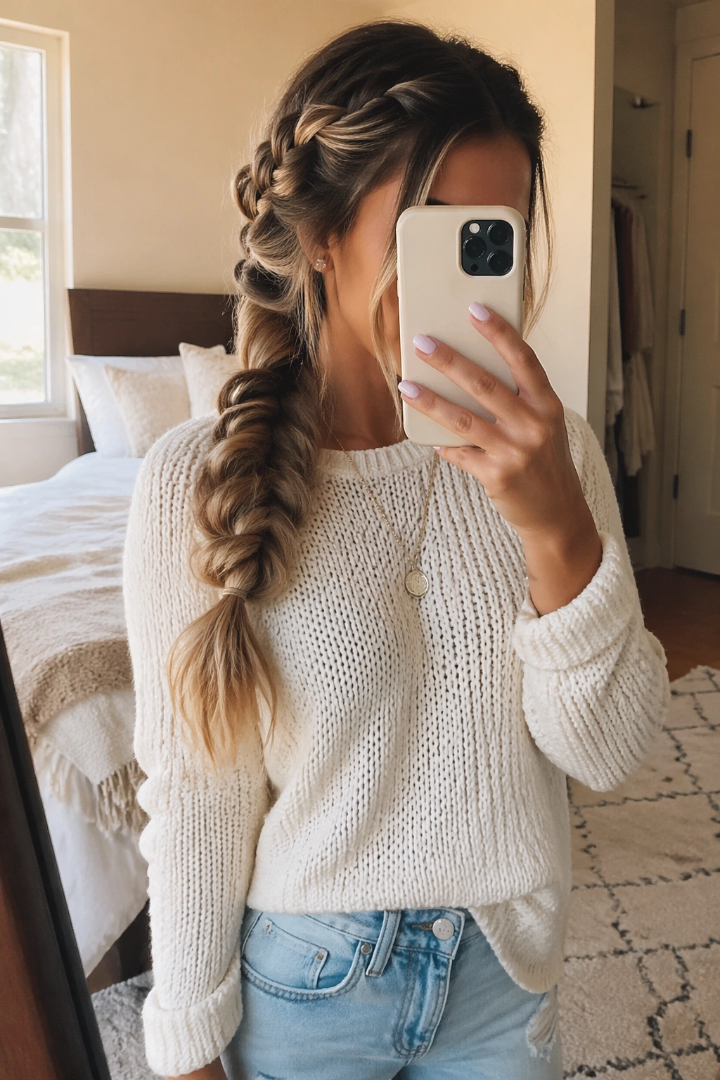 Side-swept braided ponytail in mirror selfie