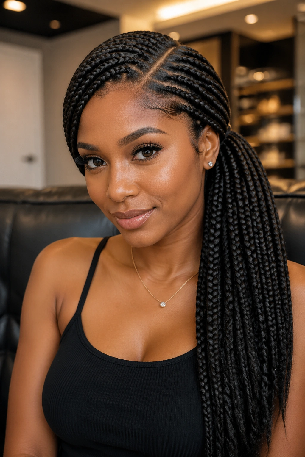 Portrait of a woman with a side-swept box braid ponytail and deep part over her shoulder.