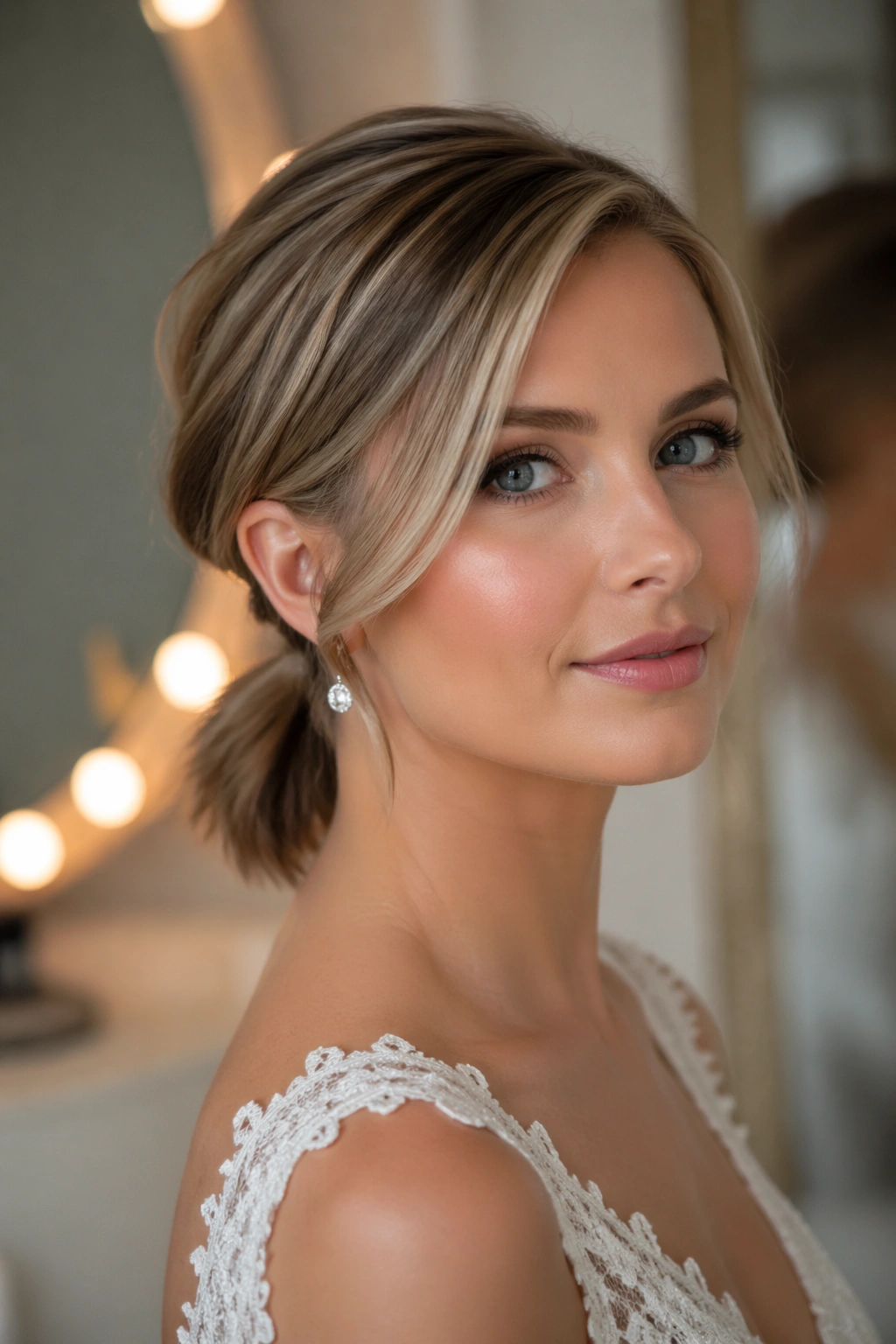 Real woman with a side swept ponytail in a low ponytail style.