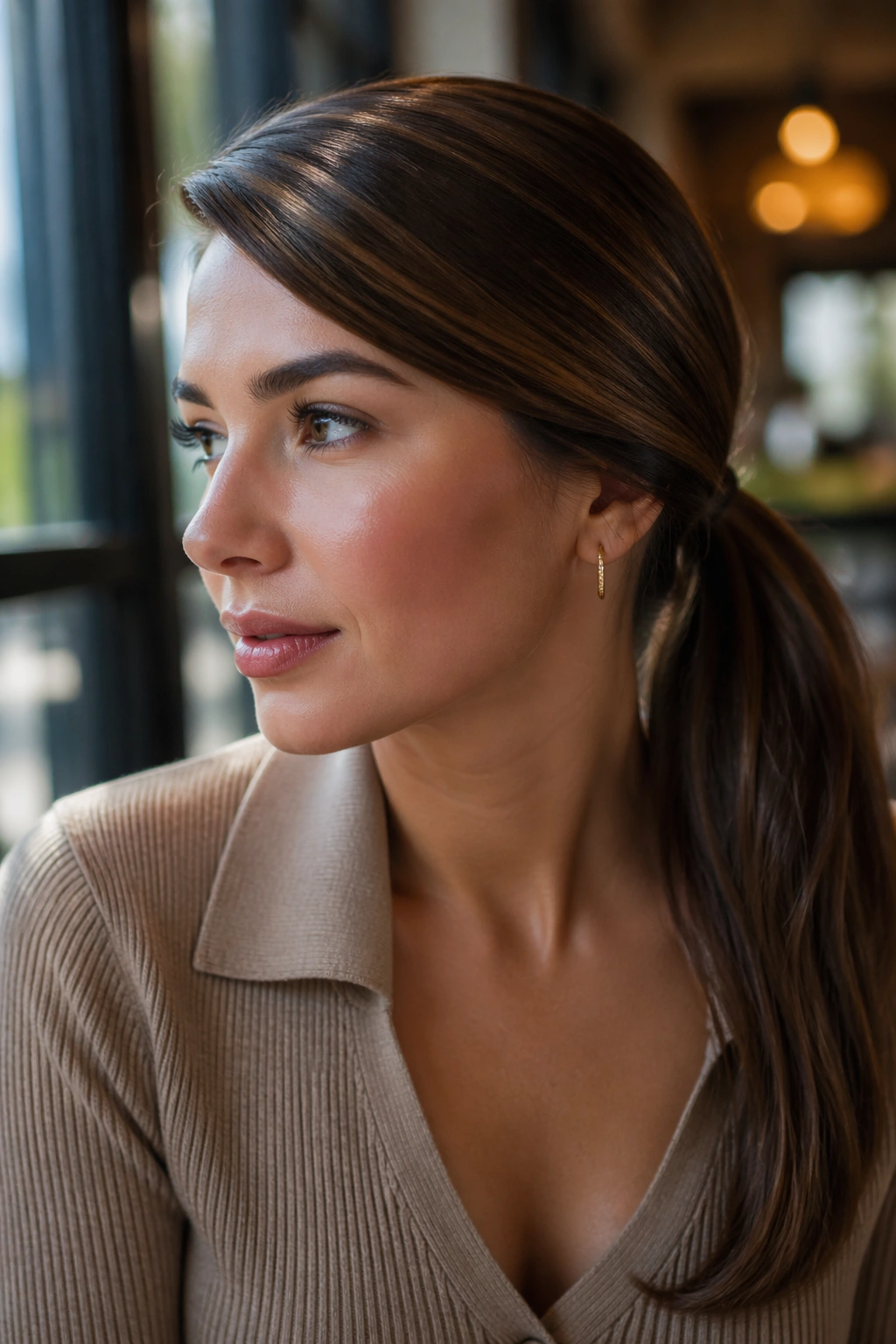 Close-up of a real woman with a side-swept brown sleek ponytail