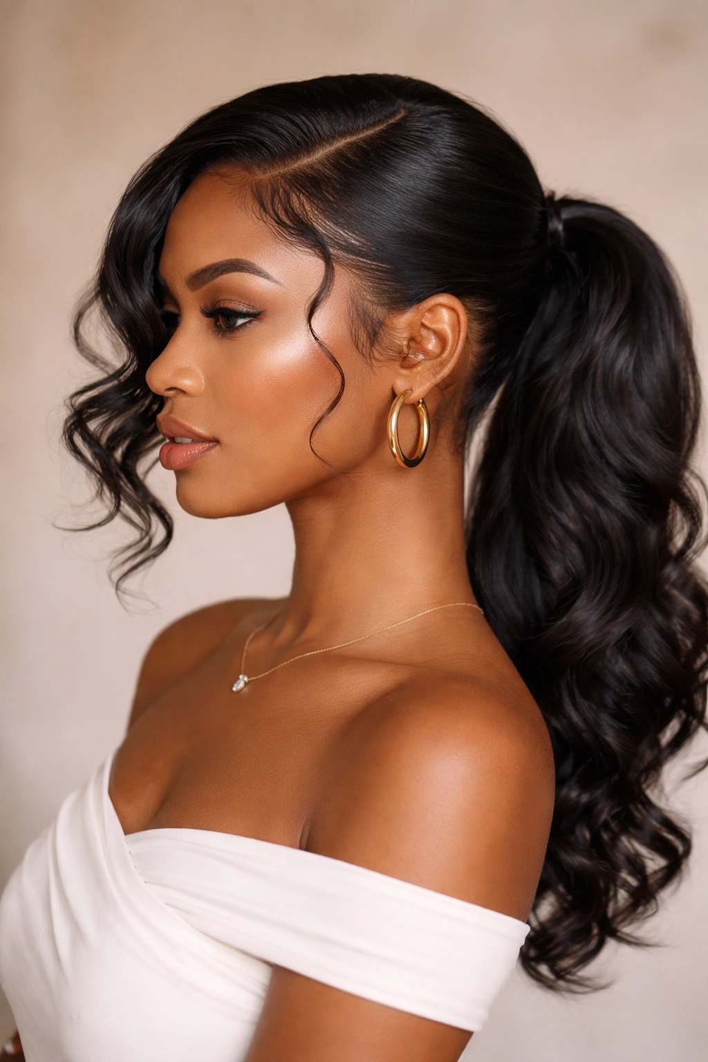 Close-up of side-swept ponytail with face-framing curls and glossy finish