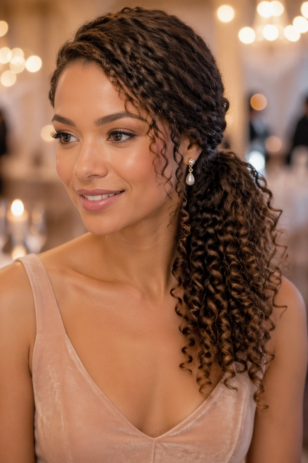 Portrait of a real woman with a side-swept ponytail and curls stacked on one shoulder