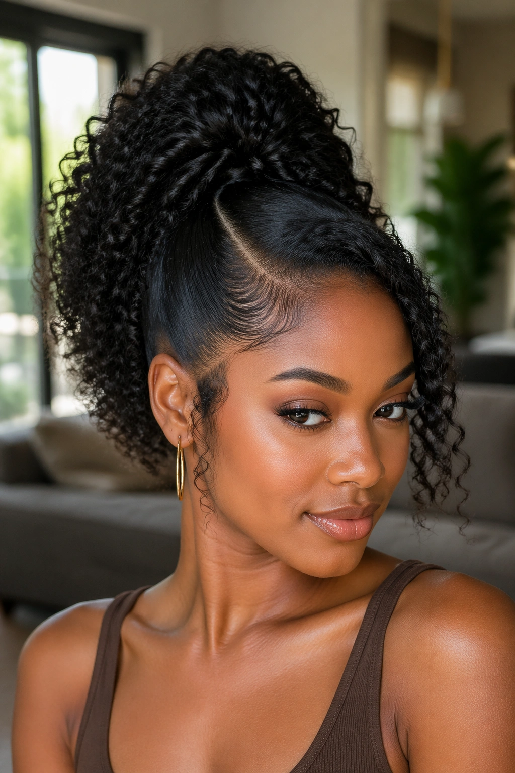 Portrait of a woman with a side-swept high ponytail and tucked front curl.